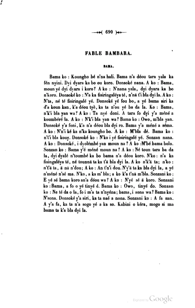 A Bambara fable in a historical printed dictionary