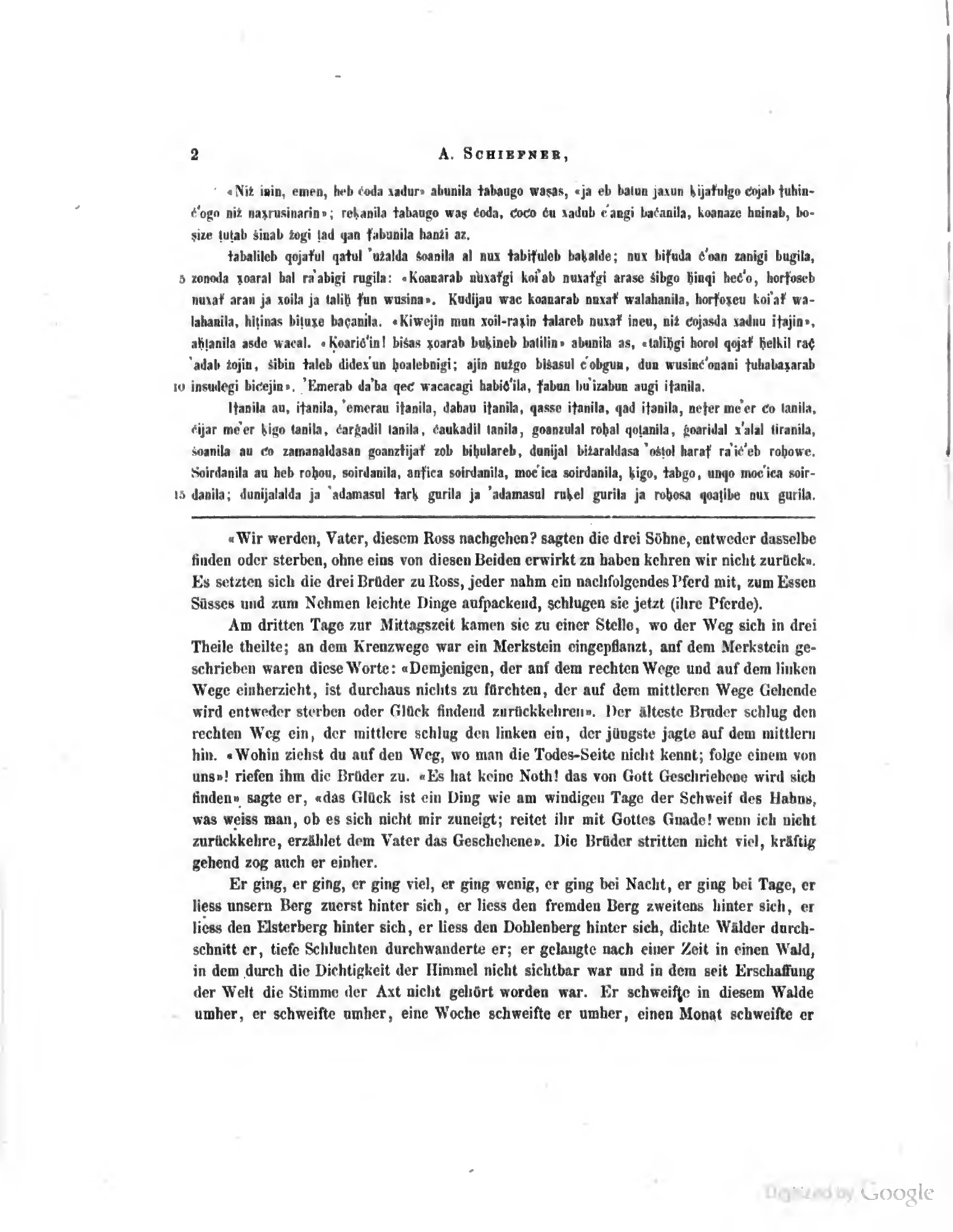 Avar folktale in Awarische Texte, page 2 (1873)